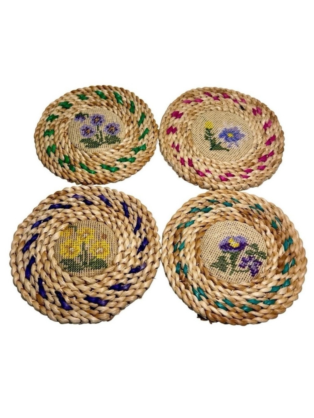 Vintage Handmade Palm Coasters Embroidered Floral Set of 4 Folk Art MCM Cottage